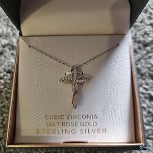Sterling Silver and Rose Gold Cross Necklace with Cubic Zirconia